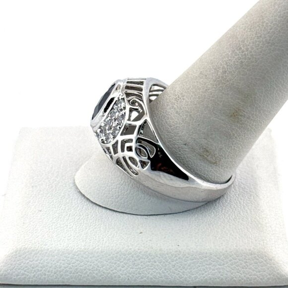 Estate Sterling Silver 925 Ring Black Oval Stone & Clear Accents Size 12, 7g - Picture 4 of 8